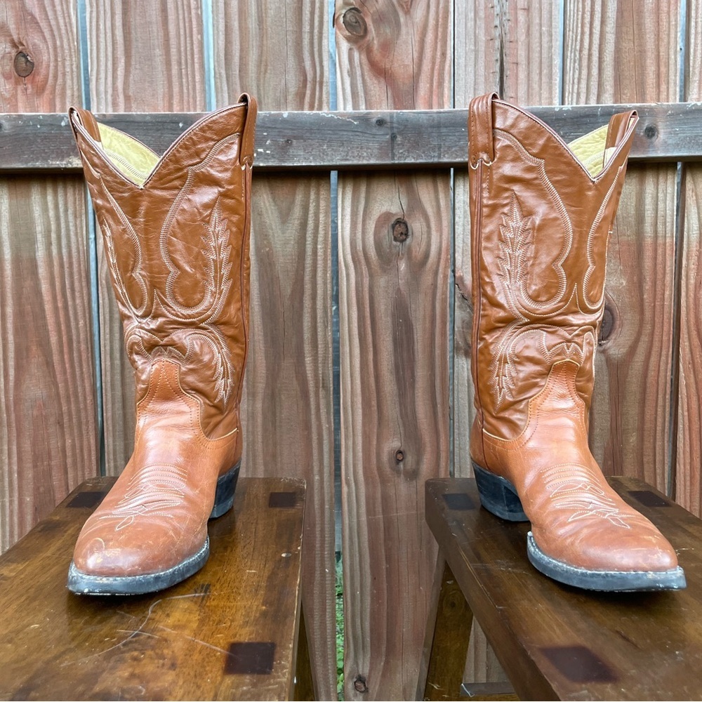 Vintage 1990’s Larry Mahan’s Brown Leather Cowboy Boots cognac leather - Picture 3 of 16